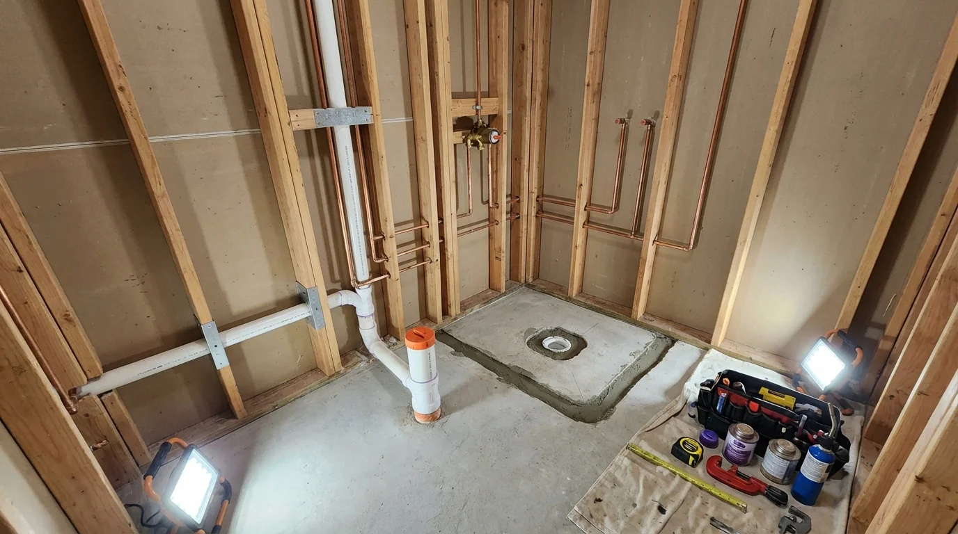 Bathroom rough-in plumbing during remodel by Johns Plumbing LLC in Prospect