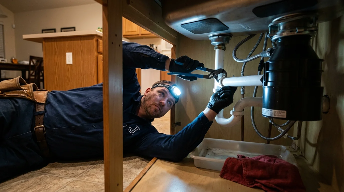 P-trap and supply line connections under a kitchen sink showing a common leak point in Prospect, KY